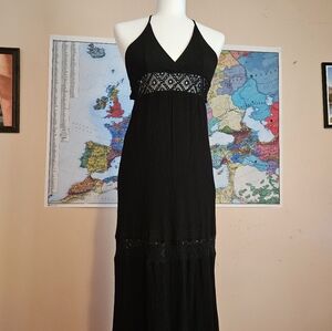 Black Crocheted Panel Halter Maxi Dress